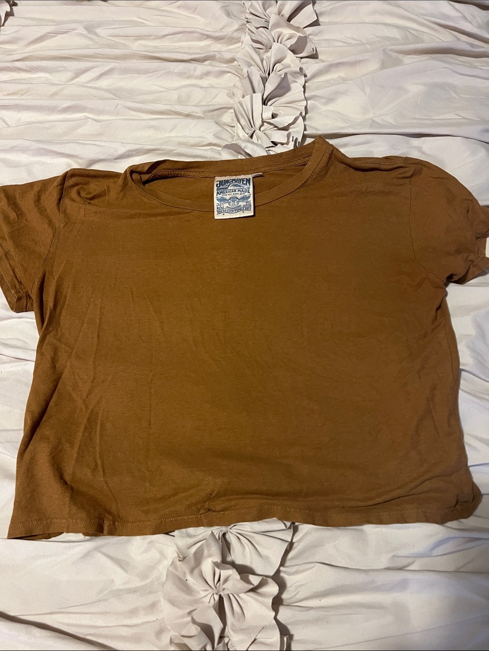 Jungmaven Women's Short-Sleeve Cropped Tee in Rust Brown.  Hemp and Cotton Made